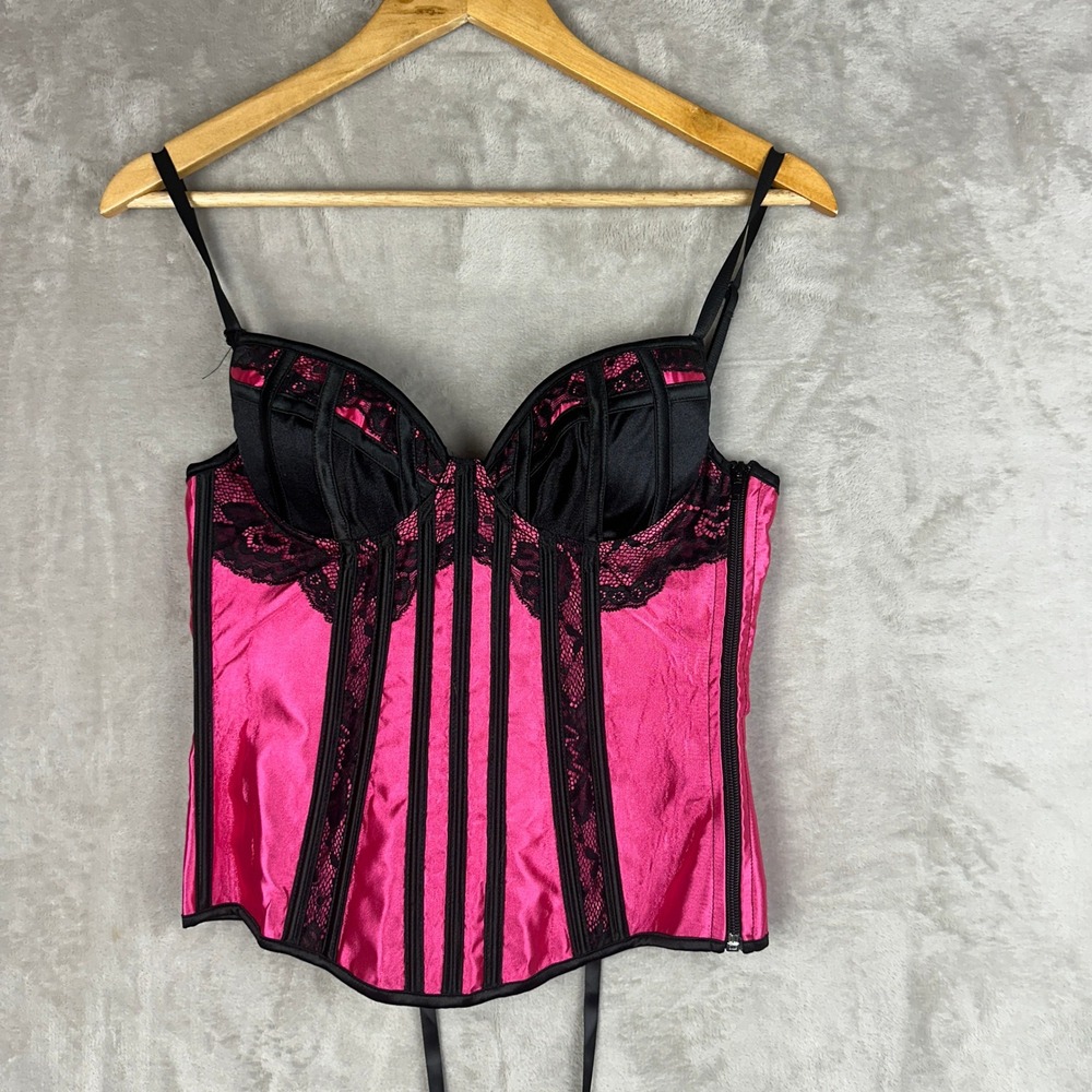 Shirley of Hollywood Hot Pink Black Lace Corset Bustier Top 32 Boned Lace Up